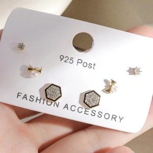 [3 Pairs] 925 Sterling Silver Diamond Earrings F